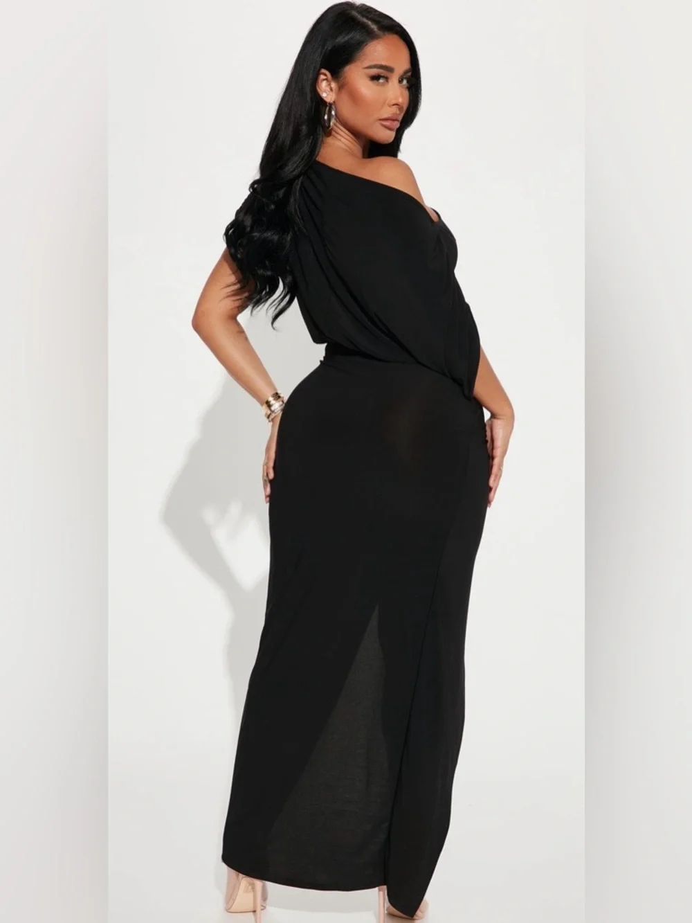 Fashion Nova Black One-Shoulder Ruched Maxi Dress - Picture 2 of 6